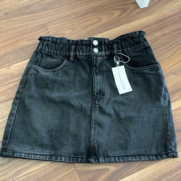 NWT - Black Acid Wash Denim Paperbag Waist Skirt - Picture 1 of 5
